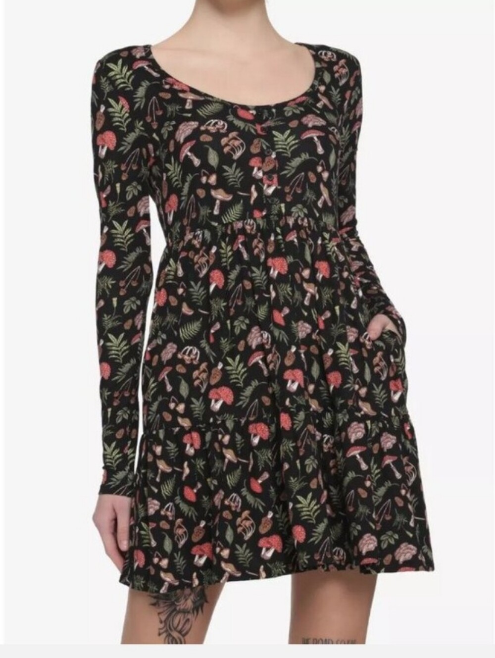 Hot Topic Dress Mushroom Fern Print Woodland Forest Black M Long Sleeves Pockets